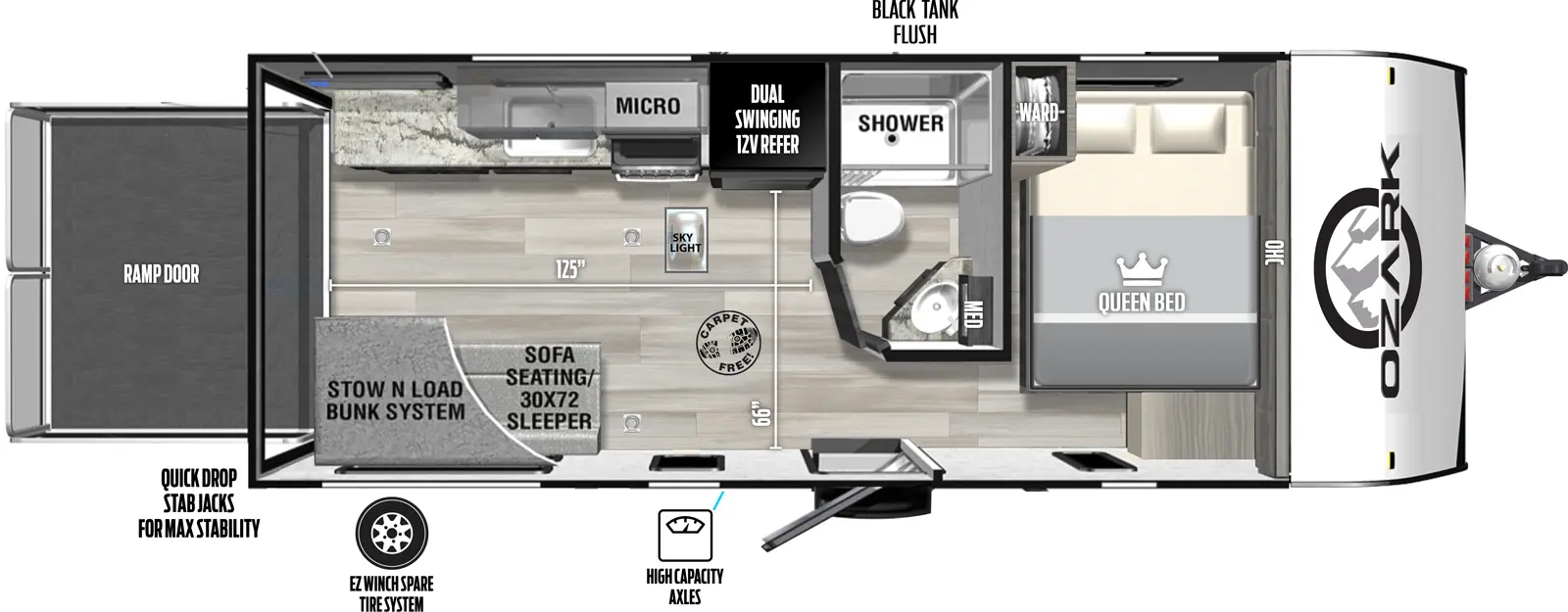 The Ozark 1900THK is a toy hauler model with with one side entry door, outside storage, LP quick connect, spray port, exterior shower, black tank flush, and a 14' awning on the outside. The entire rear wall is an 90" x 75" ramp door that folds down to allow items to be rolled into the garage. The ramp door can support 3,000 lb. When used as a patio, it can support 1500 lb. Inside, there is a 60" x 74" queen bed with access to storage situated crosswise in the front of the RV. There is a closet next to the head of the bed and cabinets mounted above. Next the bed on the right-hand wall is the bathroom, which includes a shower, angled sink with medicine cabinet, and commode. Along the remainder of the left wall is the kitchen area with 11 cubic foot refrigerator, stovetop with oven, and sink with countertop. There are cabinets and a microwave oven mounted above. Across from the kitchen area is a Stow N' Load bunk system with sofa seating that converts to a 30" x 72" sleeper underneath. When these items are moved out of the way, the remaining space functions as a 125" long, 66" wide, and 78" high garage.